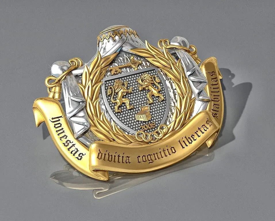 Digital 3D-model af emblemet med våbenskjold — ikke et fotografi af et færdigt eksemplar.